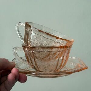 Vintage Pink Depression Glass set of 2 Teacups & Saucer Mayfair Pink